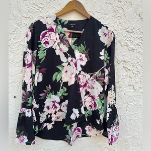 IMAN Women’s Top Black Blouse Floral Print Loose Fit V Neck - Size M
